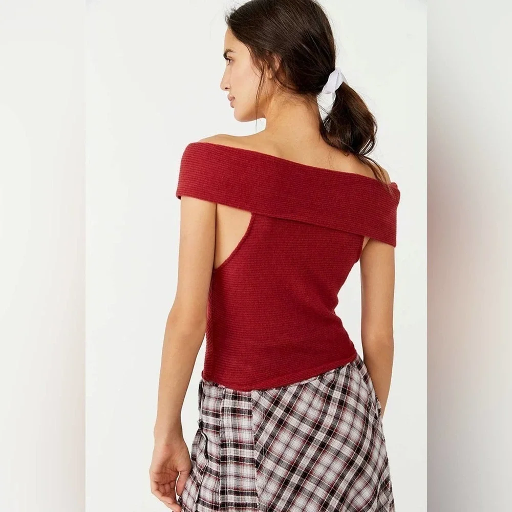 Free People FP This Cutie Red Ribbed Off Shoulder Top, Size Small